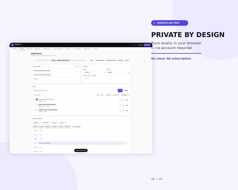 K&ouml;nnte beinhalten: Eine digitale Benutzeroberfl&auml;che f&uuml;r DailyPlan Pro mit einem Aufgabenverwaltungs-Dashboard auf wei&szlig;em Hintergrund, dunkler Navigationsleiste und dem Text Private By Design, Runs locally in your browser, no account required, No cloud. No subscription.
