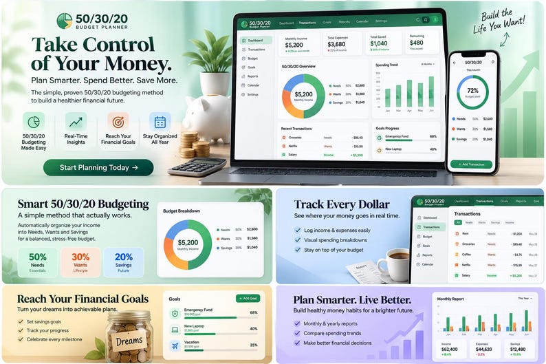 May include: A digital 50/30/20 budget planner interface displayed on a laptop and smartphone screen. The dashboard features financial charts, spending trends, and transaction lists. Text includes Take Control of Your Money and 50/30/20 Budget Planner.
