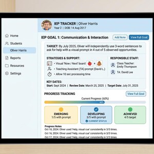 May include: A tablet displaying an IEP Tracker software interface for Oliver Harris. The screen shows communication goals, strategies, and progress tracking with a status bar at 60 percent. The dashboard includes navigation menus for home, students, reports, and settings.