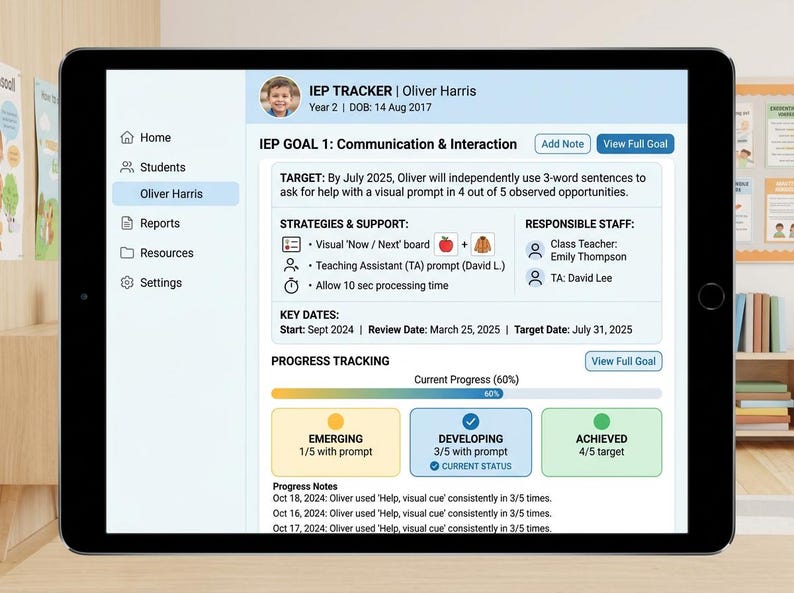 May include: A tablet displaying an IEP Tracker software interface for Oliver Harris. The screen shows communication goals, strategies, and progress tracking with a status bar at 60 percent. The dashboard includes navigation menus for home, students, reports, and settings.