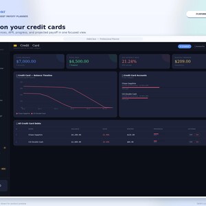 May include: A digital dashboard interface titled DebtClear Professional Debt Payoff Planner. The dark-themed screen displays credit card financial data, including total balances, interest rates, monthly payments, a balance timeline graph, and a list of accounts.