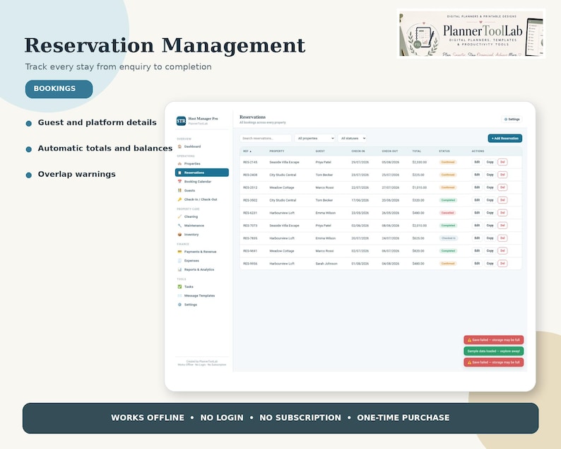 May include: A digital reservation management dashboard interface titled Reservation Management, featuring a table with columns for ID, property, guest, dates, and totals. The layout includes a sidebar menu, booking status indicators, and text labels for guest details, automatic totals, and overlap warnings.