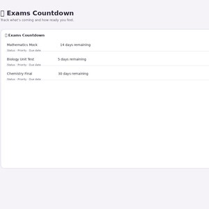 May include: A digital interface titled Exams Countdown from Focus Path. The sidebar lists navigation options like Dashboard, Brain Dump, and Subjects. The main area displays a list of exams including Mathematics Mock, Biology Unit Test, and Chemistry Final with their respective countdowns in days.