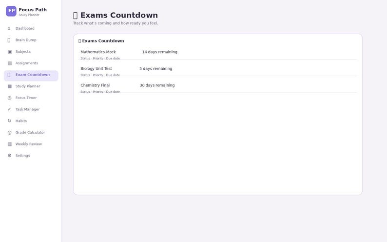 May include: A digital interface titled Exams Countdown from Focus Path. The sidebar lists navigation options like Dashboard, Brain Dump, and Subjects. The main area displays a list of exams including Mathematics Mock, Biology Unit Test, and Chemistry Final with their respective countdowns in days.