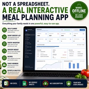 May include: A laptop screen displaying the MealFlow Pro interactive meal planning app dashboard. The interface features budget tracking, a grocery list, and recipe management. Text includes NOT A SPREADSHEET, WORKS OFFLINE, NO EXCEL, NO GOOGLE SHEETS, NO SUBSCRIPTION.