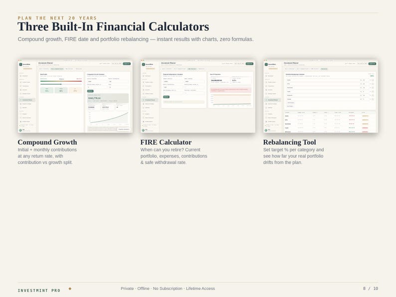 May include: A digital interface display titled Three Built-In Financial Calculators, featuring three distinct software modules: Compound Growth, FIRE Calculator, and Rebalancing Tool. Each section includes data input fields, charts, and financial metrics.