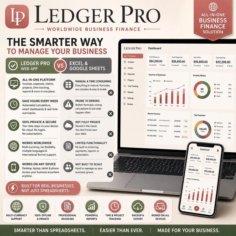May include: A Ledger Pro business finance software infographic comparing a web-app to spreadsheets. The image displays a laptop and smartphone showing a financial dashboard with charts, revenue, and expense data, alongside a list of features.