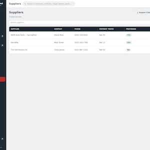 May include: A digital dashboard interface titled Garage Command showing a Suppliers page. The layout includes a dark sidebar navigation menu and a white main content area featuring a table with columns for Supplier, Contact, Phone, Payment Terms, and Preferred status.