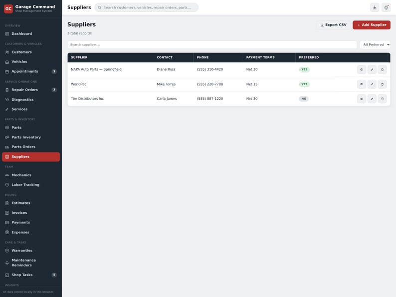 May include: A digital dashboard interface titled Garage Command showing a Suppliers page. The layout includes a dark sidebar navigation menu and a white main content area featuring a table with columns for Supplier, Contact, Phone, Payment Terms, and Preferred status.