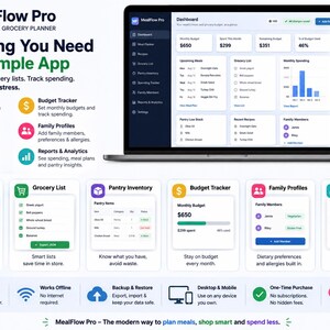 May include: A digital interface for the MealFlow Pro family meal and grocery planner app, displayed on a laptop and smartphone. The screen shows a dashboard, meal planner, grocery list, pantry inventory, budget tracker, and family profiles.
