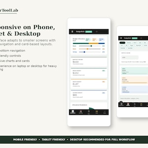 May include: A digital interface display showing two mobile phone screens with budgeting software. The text reads PlannerToolLab, Responsive on Phone, Tablet & Desktop, and Mobile Friendly, Tablet Friendly, Desktop Recommended for Full Workflow.