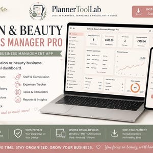 May include: A digital business management tool for salons displayed on a laptop, tablet, and smartphone. The screen shows a dashboard titled Salon & Beauty Business Manager Pro with appointment calendars, revenue charts, and client profiles in a light color scheme.