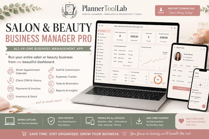 May include: A digital business management tool for salons displayed on a laptop, tablet, and smartphone. The screen shows a dashboard titled Salon & Beauty Business Manager Pro with appointment calendars, revenue charts, and client profiles in a light color scheme.