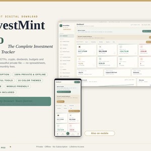 May include: InvestMint Pro digital investment portfolio tracker displayed on a laptop and smartphone screen. The interface features a dashboard with financial data, charts, and navigation menus in a clean, organized layout with text labels.