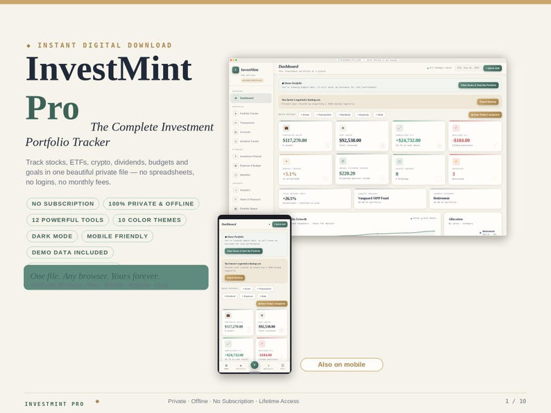 May include: InvestMint Pro digital investment portfolio tracker displayed on a laptop and smartphone screen. The interface features a dashboard with financial data, charts, and navigation menus in a clean, organized layout with text labels.