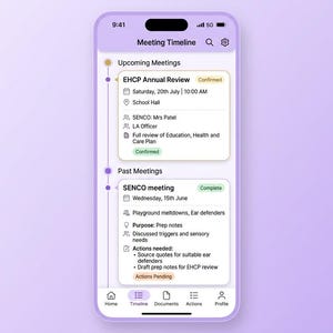 May include: A smartphone screen displaying a Meeting Timeline app interface with a light purple background. The screen shows Upcoming Meetings and Past Meetings sections with event details, status tags like Confirmed and Complete, and navigation icons.