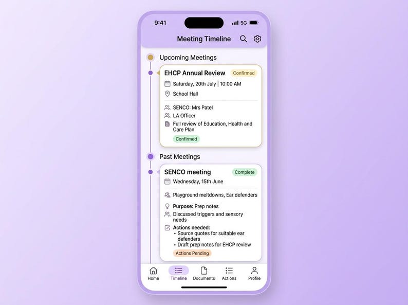May include: A smartphone screen displaying a Meeting Timeline app interface with a light purple background. The screen shows Upcoming Meetings and Past Meetings sections with event details, status tags like Confirmed and Complete, and navigation icons.