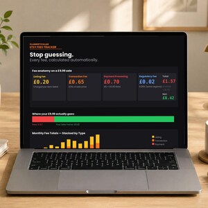 May include: A laptop screen displaying the PlannerDollar Etsy Fees Tracker interface. The dashboard features a black background with white text, including the heading Stop guessing and a breakdown of fees on a &pound;9.99 sale, plus a bar chart.