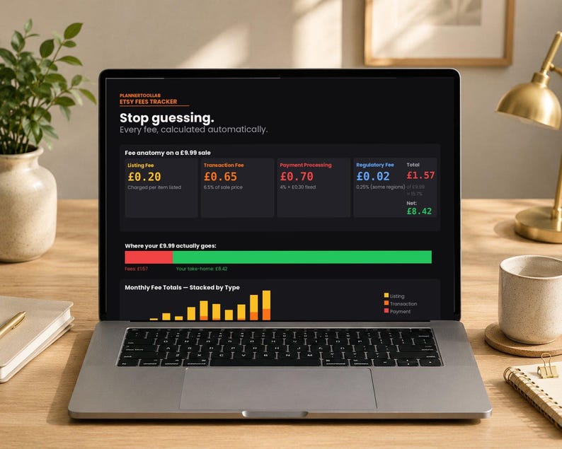 May include: A laptop screen displaying the PlannerDollar Etsy Fees Tracker interface. The dashboard features a black background with white text, including the heading Stop guessing and a breakdown of fees on a &pound;9.99 sale, plus a bar chart.