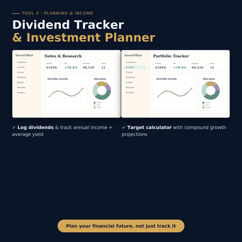 May include: A digital Dividend Tracker & Investment Planner dashboard titled InvestMint. It displays two views: Notes & Research and Portfolio Tracker, featuring financial data, line graphs for portfolio growth, and pie charts for asset allocation.
