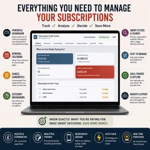 May include: A laptop displaying the Subscription Audit Tracker software interface. The screen shows financial data including active monthly costs of &pound;135.29, annual costs of &pound;1,863.51, and potential annual savings of &pound;656.00, alongside a list of upcoming renewals.