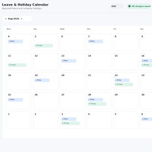 May include: A digital Leave & Holiday Calendar interface for August 2026, featuring a dark blue sidebar with navigation menus and a white main grid displaying scheduled employee leave and company holidays with light blue and green color-coded bars.