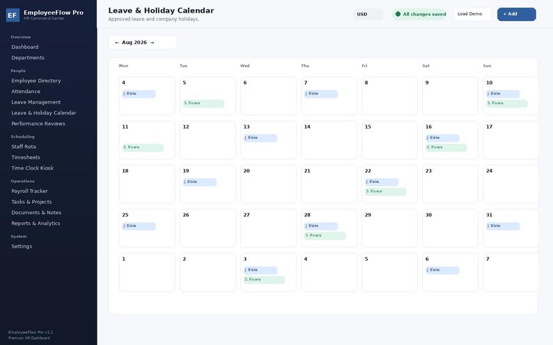 May include: A digital Leave & Holiday Calendar interface for August 2026, featuring a dark blue sidebar with navigation menus and a white main grid displaying scheduled employee leave and company holidays with light blue and green color-coded bars.