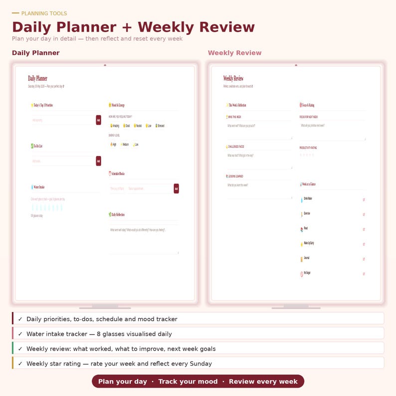 May include: A digital planner with a daily and weekly review layout. The planner includes sections for daily priorities, to-dos, mood tracking, and water intake. The weekly review section includes goal setting and reflection prompts. The text reads "Daily Planner + Weekly Review."