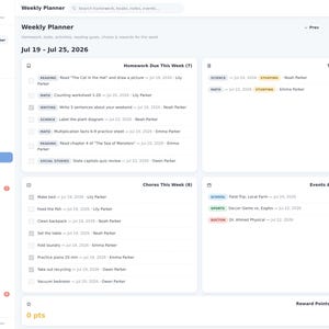 May include: A digital weekly planner interface titled Little Stars Planner, displaying a dashboard with sections for Homework Due, Tests, Chores, and Events for the week of July 19-25, 2026, featuring a sidebar navigation menu and task lists.