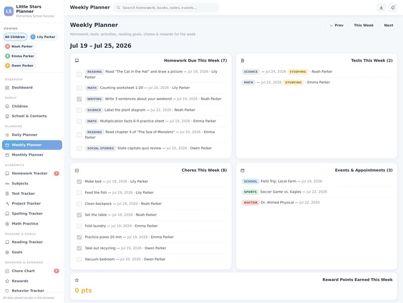 May include: A digital weekly planner interface titled Little Stars Planner, displaying a dashboard with sections for Homework Due, Tests, Chores, and Events for the week of July 19-25, 2026, featuring a sidebar navigation menu and task lists.