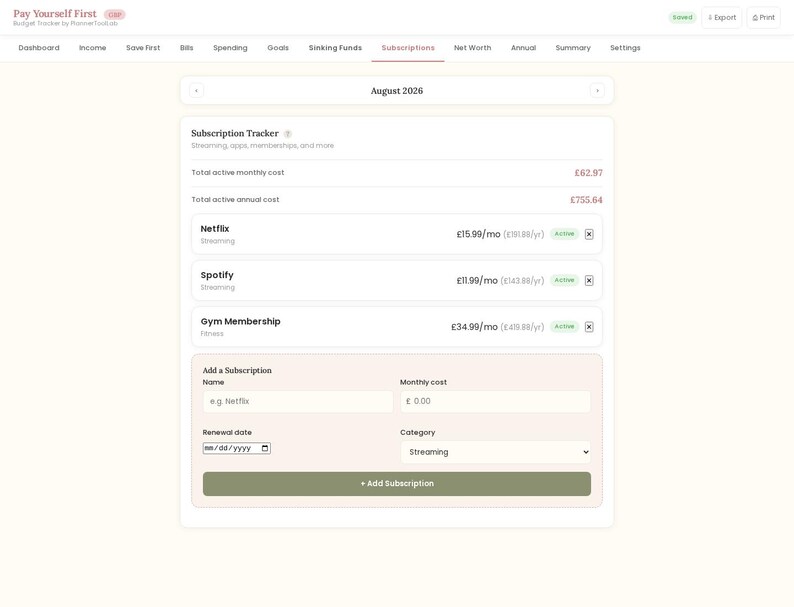 May include: A digital subscription tracker interface titled Pay Yourself First, displaying August 2026 data. It lists active monthly and annual costs for Netflix, Spotify, and a gym membership, with an input form to add new subscriptions by name, cost, date, and category.