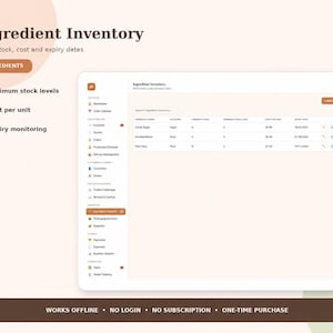 May include: A digital interface for an Ingredient Inventory system displayed on a screen. The dashboard features columns for ingredient name, category, current stock, minimum stock level, cost per unit, and expiry date, with a sidebar menu.