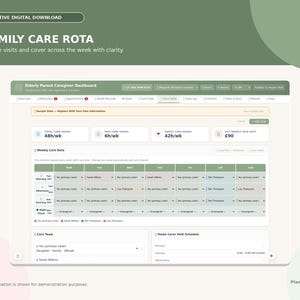 Puede incluir: Una descarga digital interactiva titulada A Family Care Rota. El panel muestra una cuadr&iacute;cula de horario semanal con columnas para los d&iacute;as de la semana y filas para franjas horarias, mostrando asignaciones de cuidado en tonos verde, azul y rosa.