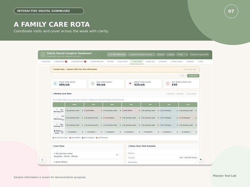 Puede incluir: Una descarga digital interactiva titulada A Family Care Rota. El panel muestra una cuadr&iacute;cula de horario semanal con columnas para los d&iacute;as de la semana y filas para franjas horarias, mostrando asignaciones de cuidado en tonos verde, azul y rosa.