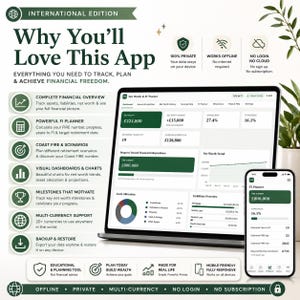 May include: A digital financial tracking application displayed on a laptop and smartphone screen. The interface features dark green and white color schemes, showing net worth, asset allocation, and FI progress charts with text in English.