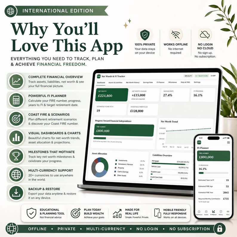 May include: A digital financial tracking application displayed on a laptop and smartphone screen. The interface features dark green and white color schemes, showing net worth, asset allocation, and FI progress charts with text in English.