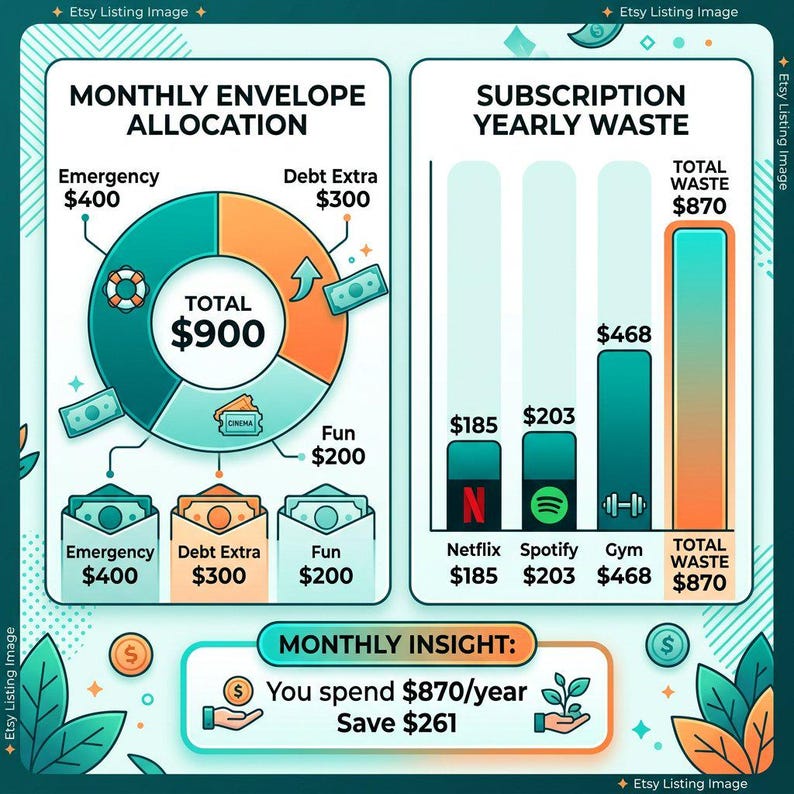 May include: An infographic titled Monthly Envelope Allocation and Subscription Yearly Waste. It features a pie chart showing $900 total, with $400 for Emergency, $300 for Debt Extra, and $200 for Fun. A bar chart displays $870 total yearly waste.