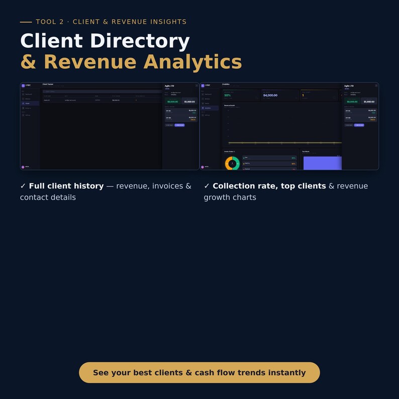 May include: A digital dashboard interface titled Client Directory & Revenue Analytics, displaying two dark-themed software screens with data tables, financial charts, and metrics for tracking client history, collection rates, and revenue growth trends.