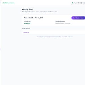 May include: A digital interface titled ADHD Second Brain showing a Weekly Reset dashboard. The sidebar lists navigation options like Today, Brain Dump, and Focus Mode. The main area displays the current week, a Start Guided Reset button, and history.