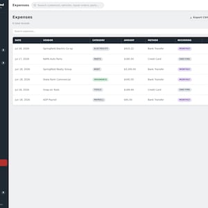 May include: A digital dashboard interface titled Expenses for Garage Command shop management software. The screen displays a table with columns for date, vendor, category, amount, method, and recurring status, listing various business expenses.