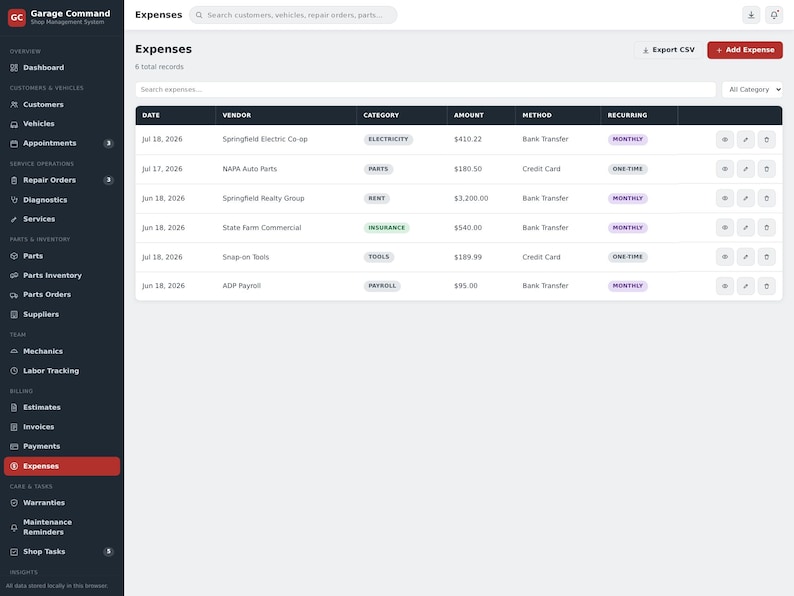 May include: A digital dashboard interface titled Expenses for Garage Command shop management software. The screen displays a table with columns for date, vendor, category, amount, method, and recurring status, listing various business expenses.