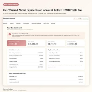 May include: A digital tax dashboard interface titled Your Tax Dashboard, displaying financial data including estimated tax owed of &pound;9,151.16, total income of &pound;48,430.00, total expenses of &pound;1,791.70, and net taxable profit of &pound;36,708.30 for tax year 2025/26.