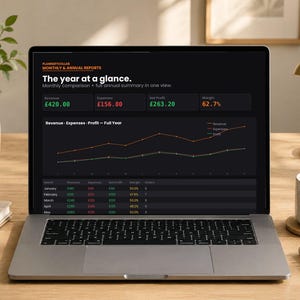 May include: A laptop screen displaying a financial dashboard titled The year at a glance. The interface shows monthly and annual reports with revenue, expenses, net profit, and margin data in British pounds, alongside a line graph and a data table.