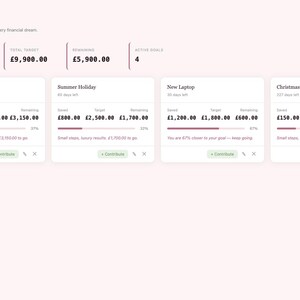 May include: A digital financial planning interface with a pink and white color scheme. The interface displays savings goals, including emergency funds, summer holiday, a new laptop, and Christmas funds. The total target is &pound;9,900.00.