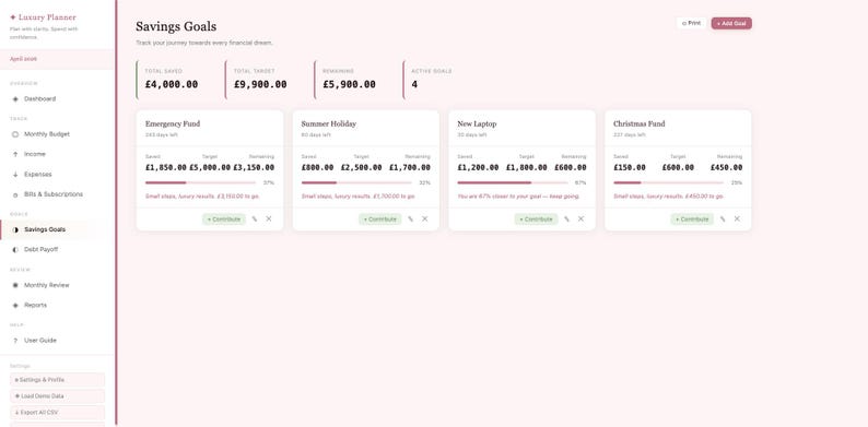 May include: A digital financial planning interface with a pink and white color scheme. The interface displays savings goals, including emergency funds, summer holiday, a new laptop, and Christmas funds. The total target is &pound;9,900.00.