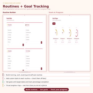 May include: A digital interface for tracking routines and goals. The interface is white with burgundy accents and features sections for routine building and goal progress. Text includes "Routines + Goal Tracking" and "Build routines. Set goals. Track your progress."