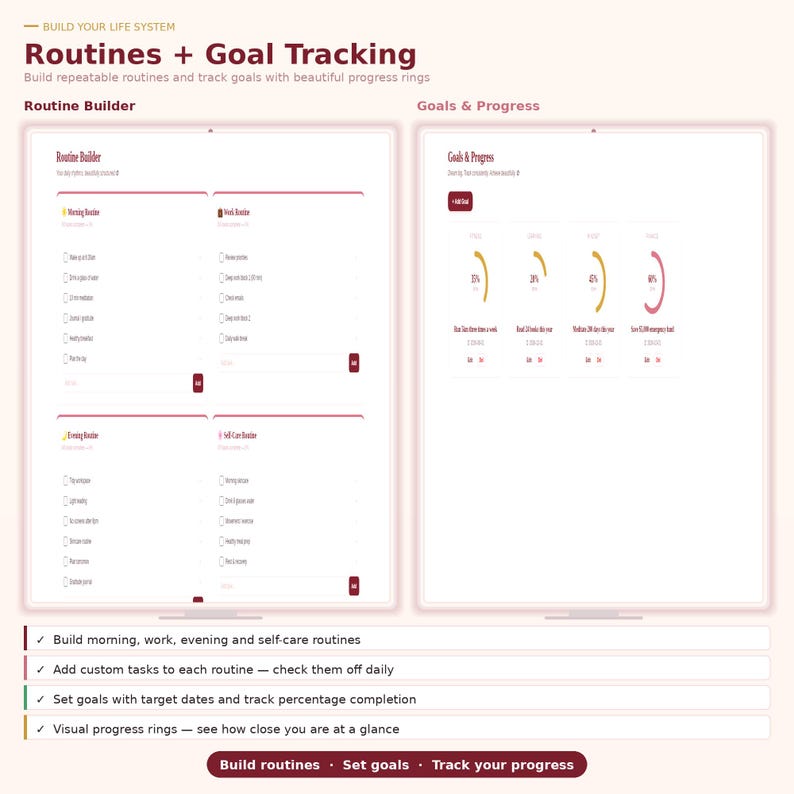 May include: A digital interface for tracking routines and goals. The interface is white with burgundy accents and features sections for routine building and goal progress. Text includes "Routines + Goal Tracking" and "Build routines. Set goals. Track your progress."
