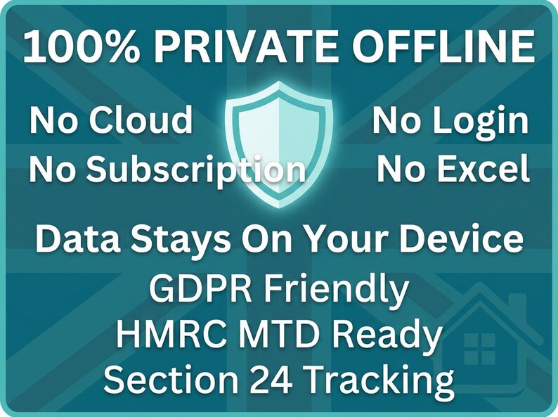 May include: A teal digital graphic featuring a central shield icon and white text that reads: 100% PRIVATE OFFLINE, No Cloud, No Login, No Subscription, No Excel, Data Stays On Your Device, GDPR Friendly, HMRC MTD Ready, and Section 24 Tracking.