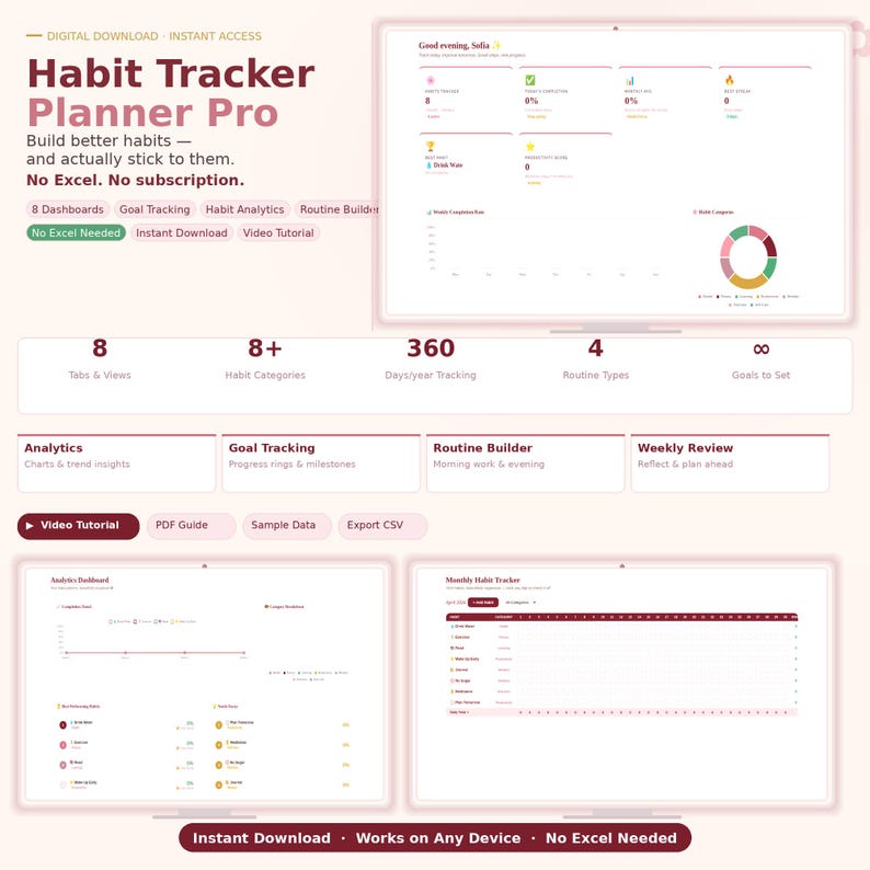 May include: Digital download Habit Tracker Planner Pro with a pink and white design. Features include 8 dashboards, habit analytics, and routine builder. Includes video tutorial, sample data, and export CSV options. Works on any device.