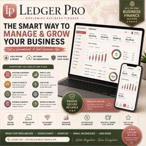 May include: A Ledger Pro business finance software advertisement featuring a laptop and smartphone displaying a financial dashboard. The graphic includes text detailing features like invoicing, profit and loss tracking, multi-currency support, and offline data privacy.